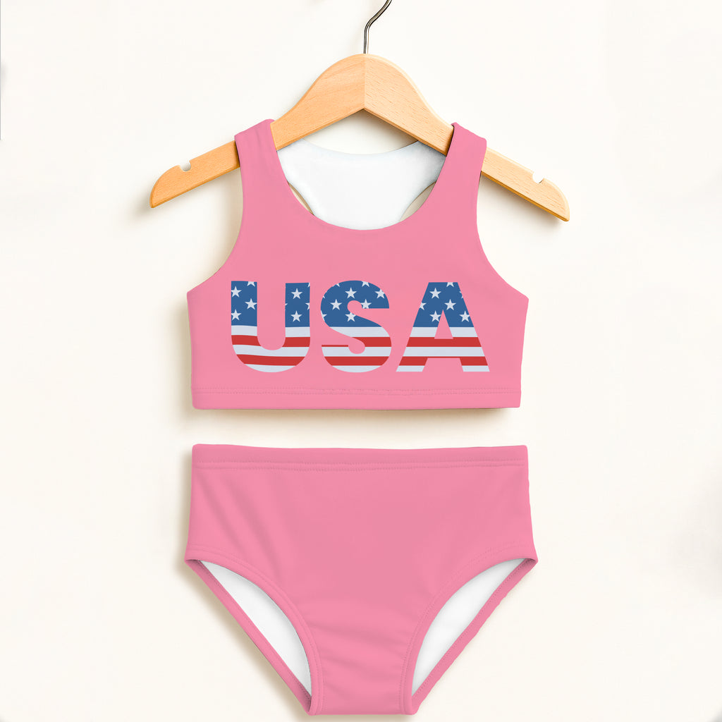 Pink girls usa two piece swimsuit with usa american flag design on top double layered upf 50 plus high waisted