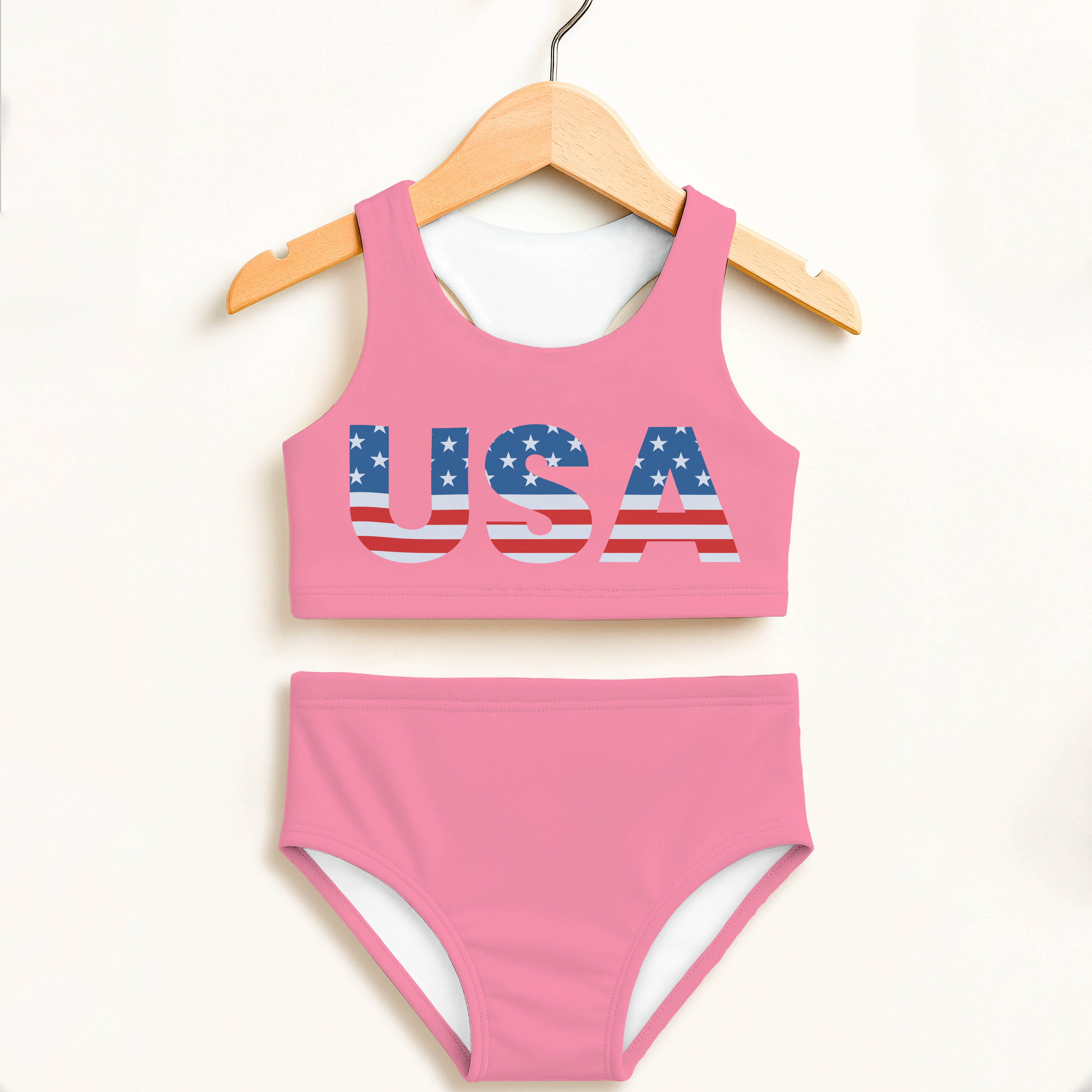 Pink girls usa two piece swimsuit with usa american flag design on top double layered upf 50 plus high waisted