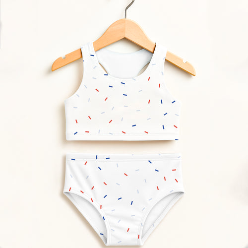 White girls confetti sprinkles two piece bikini set with red blue gray sprinkle pattern and upf 50+ high waisted design