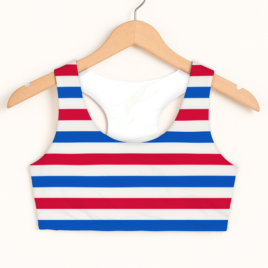 Girls Red, White & Blue Striped Sports Bra — Quick Drying, Double Layered Comfort