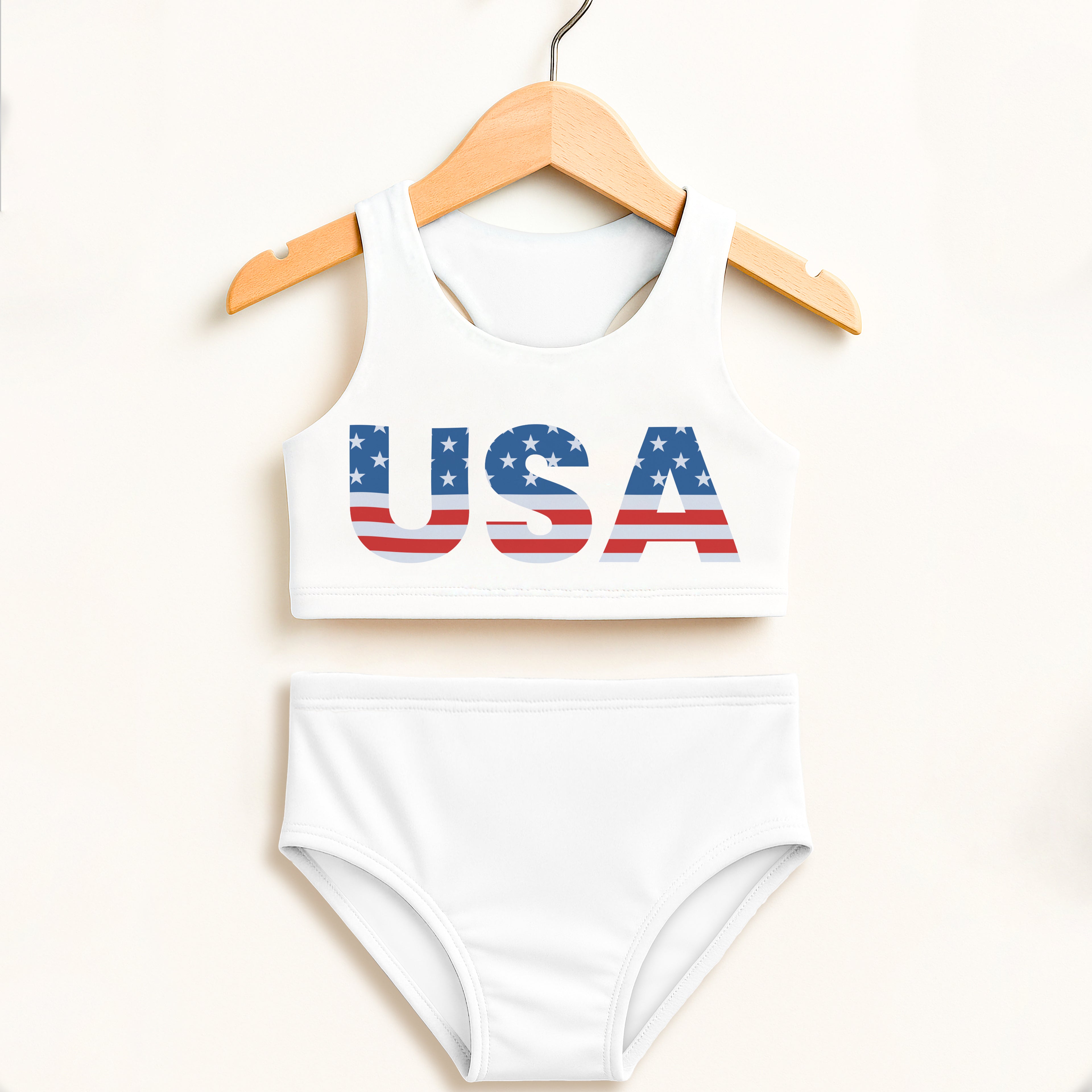 White girls usa two piece swimsuit with red white and blue flag design top double layered upf 50 plus high waisted