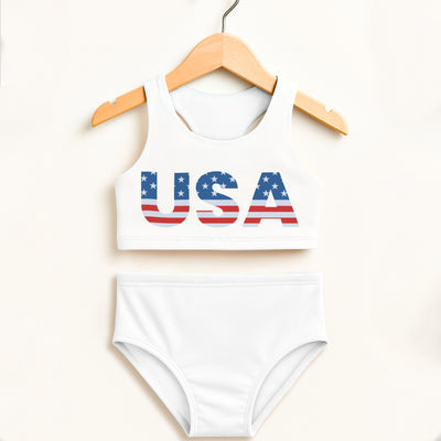 White girls usa two piece swimsuit with red white and blue flag design top double layered upf 50 plus high waisted