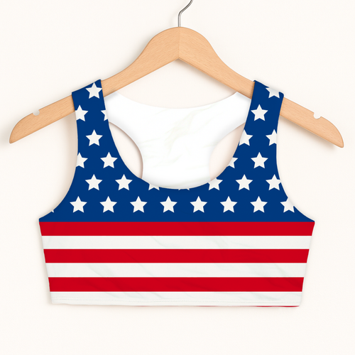 Girls american flag sports bra in blue and red with white stars and stripes quick drying double layered comfort hanging on wooden hanger