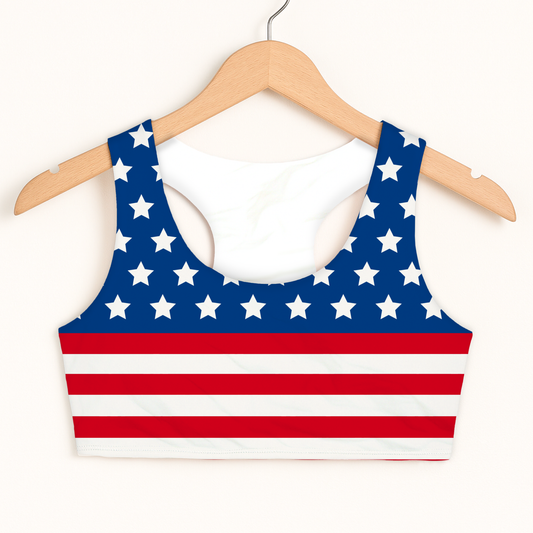 Girls American Flag Sports Bra — Quick Drying, Double Layered Comfort