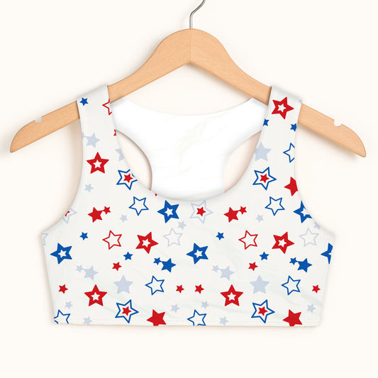 Girls Red White and Blue Stars Sports Bra — Quick Drying, Double Layered Comfort