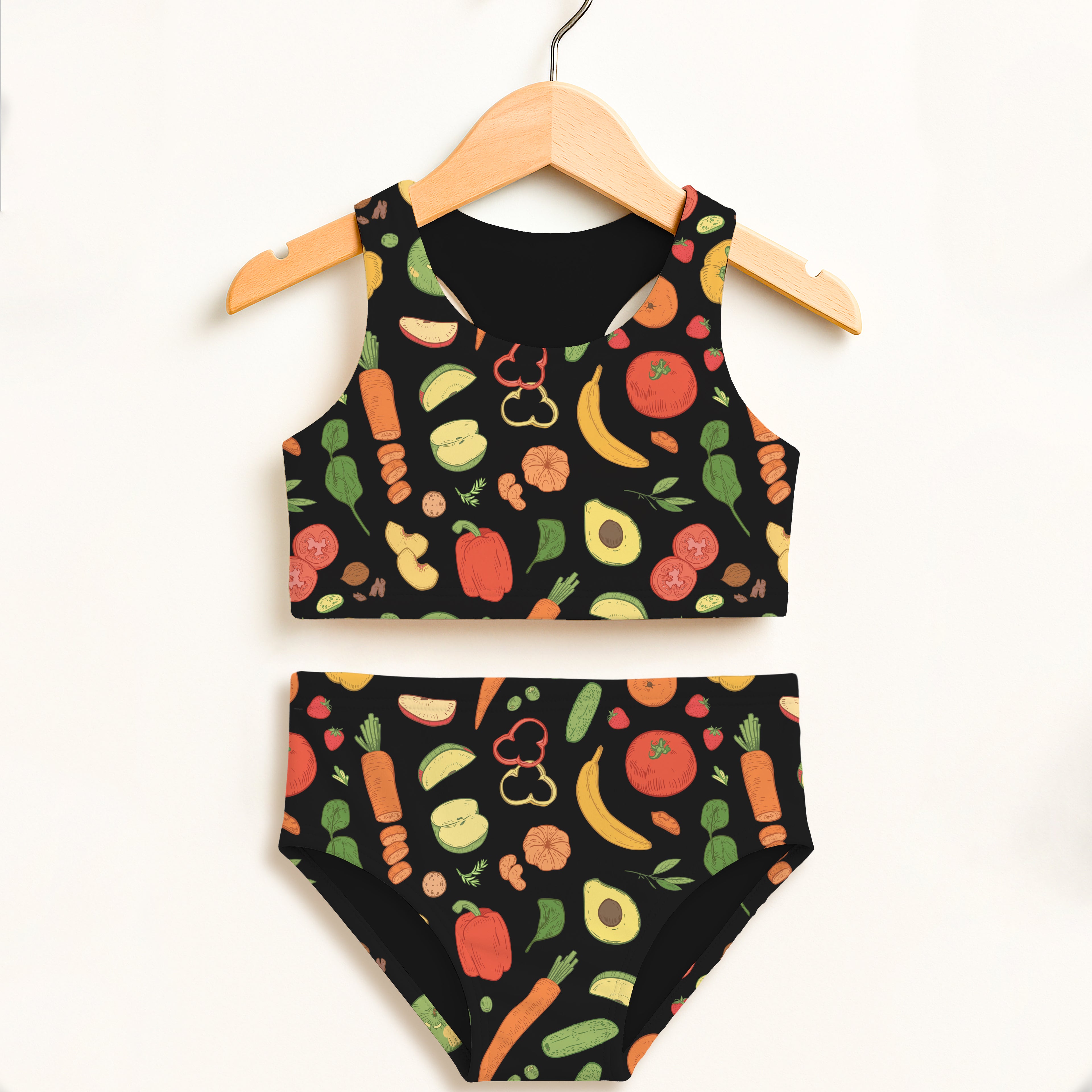 Girls fruit and veggie two piece swimsuit in black with colorful cartoon pattern double layered UPF 50 plus high waisted