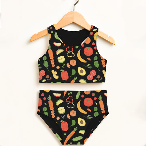 Girls fruit and veggie two piece swimsuit in black with colorful cartoon pattern double layered UPF 50 plus high waisted