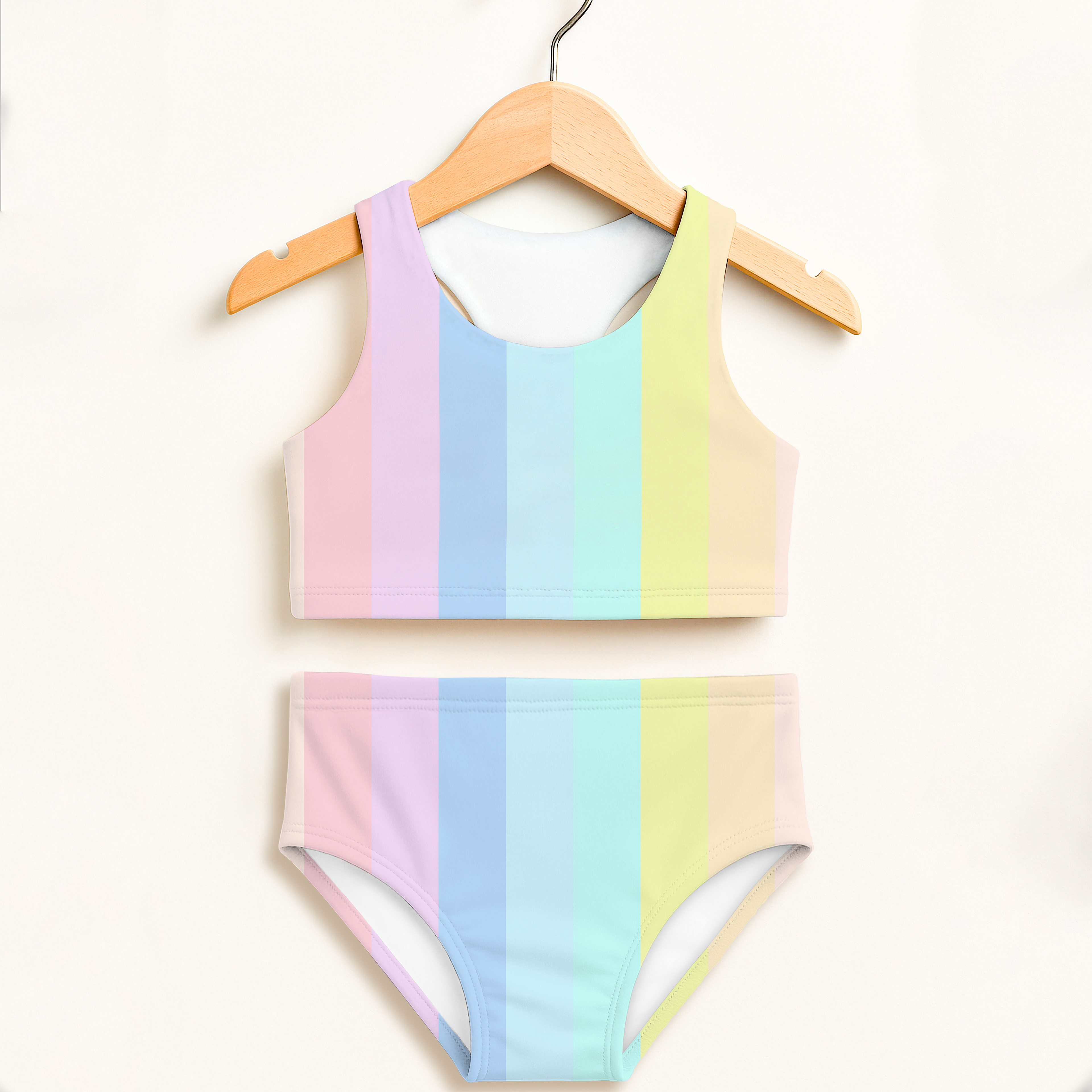 Girls pastel rainbow stripe two piece swimsuit with soft stretchy fabric double layered upf 50 plus high waisted comfort