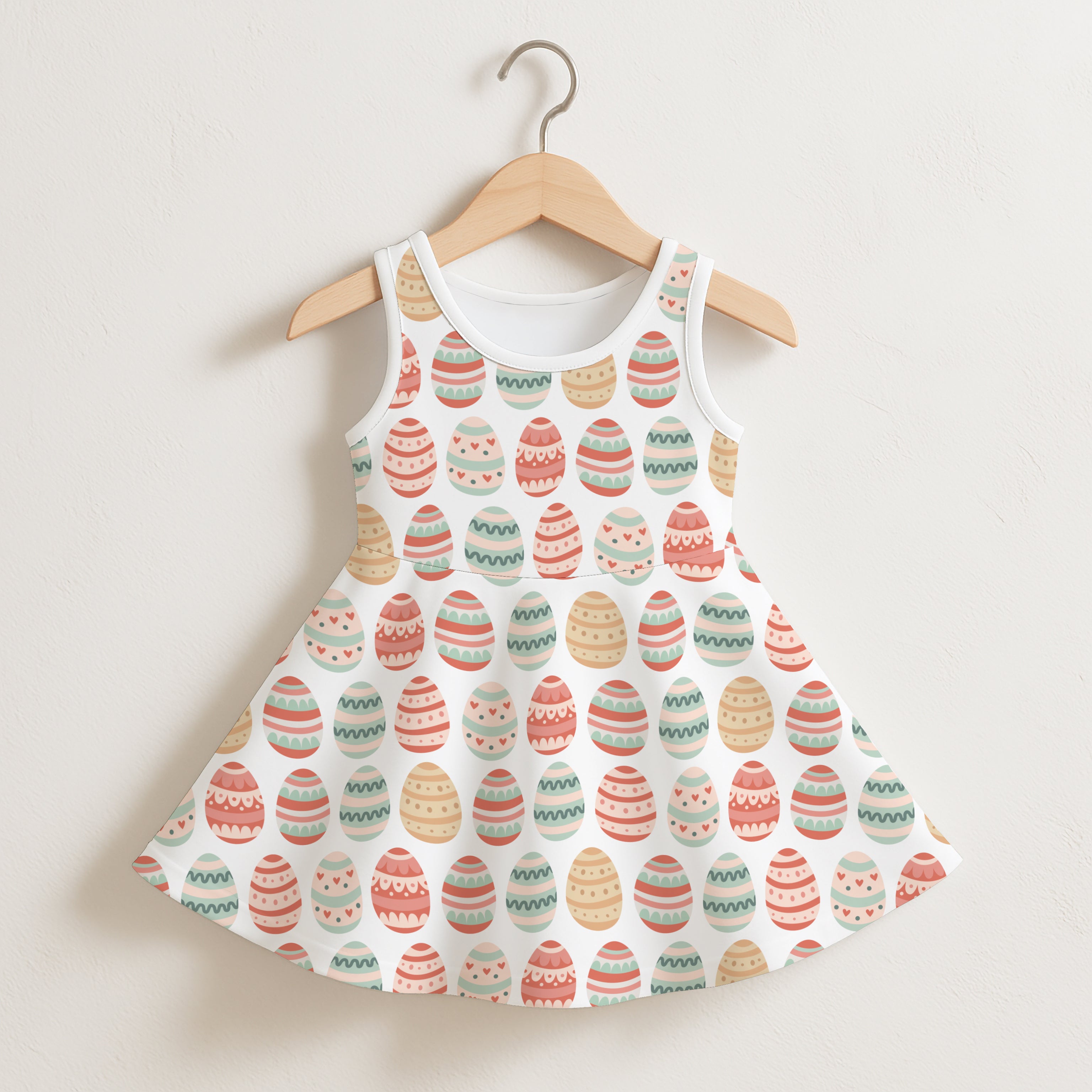 Girls vintage easter eggs sleeveless dress white toddler dress with pastel easter egg pattern of stripes wavy lines and hearts