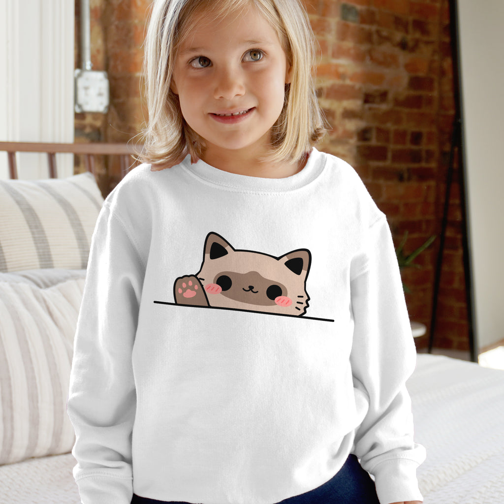 Kids Peeking Brown Cat Sweatshirt – Cute Blushing Kitty Fleece Pullover for Girls