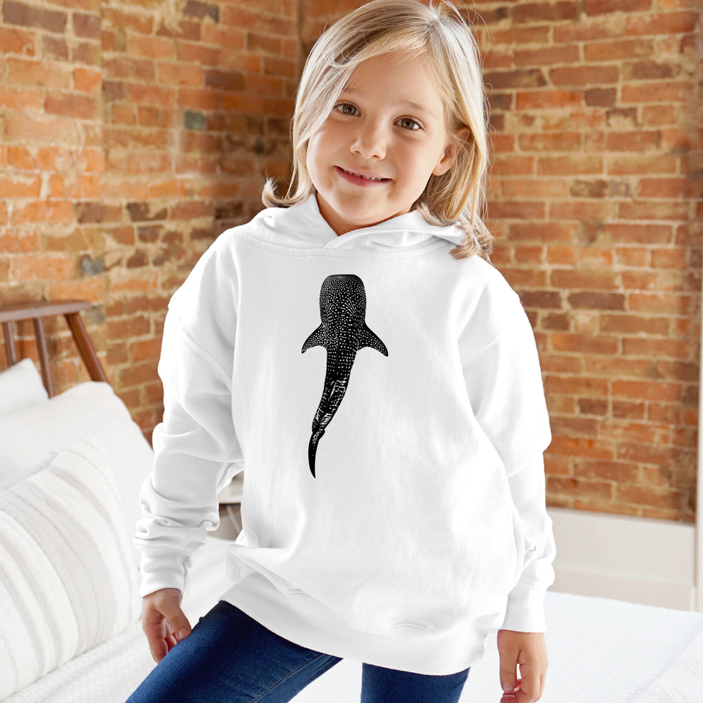 White kids hoodie featuring a black whale shark graphic with dotted texture on a soft cotton fabric