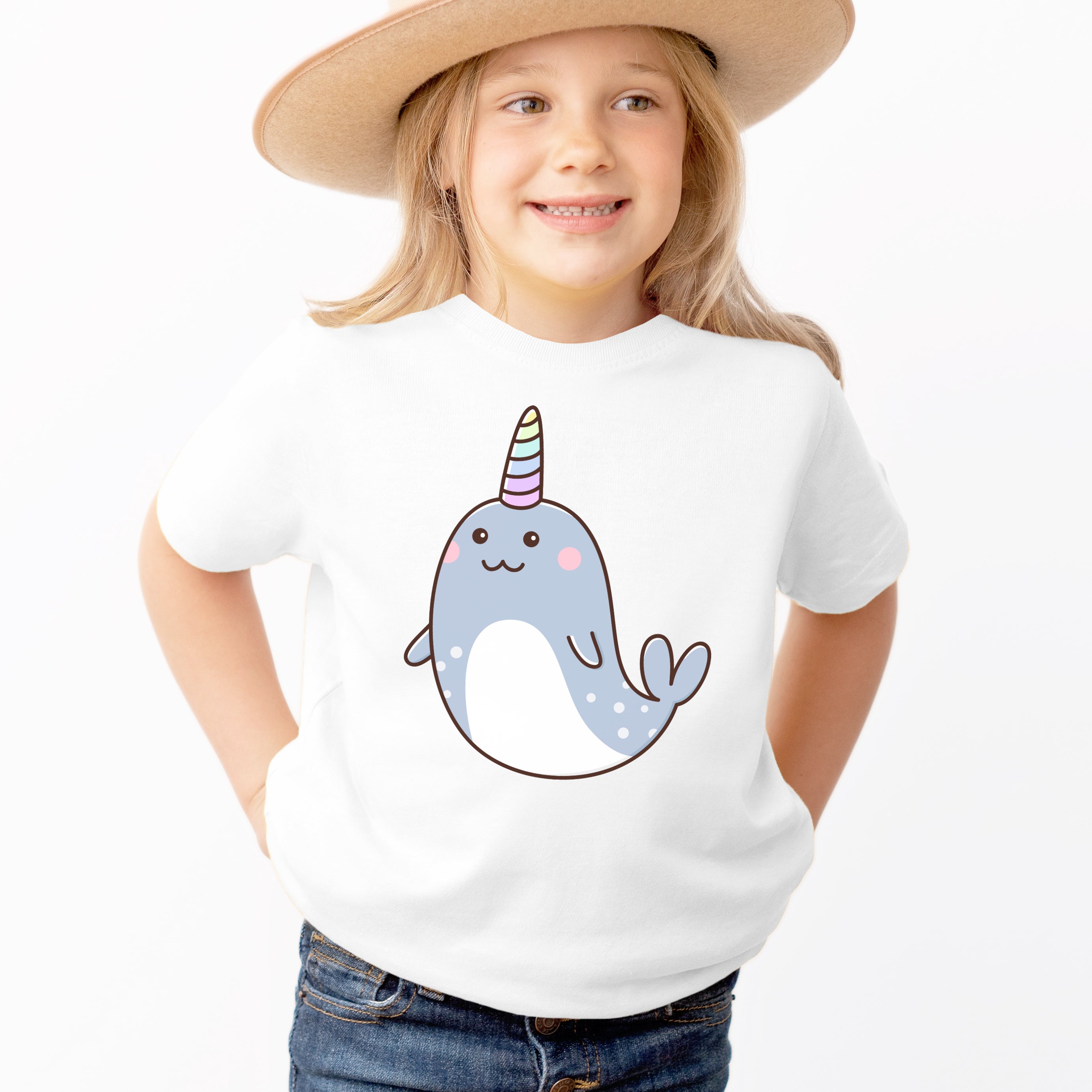 Kids Narwhal Rainbow Unicorn Horn T-Shirt - Soft Lightweight Cotton Tee