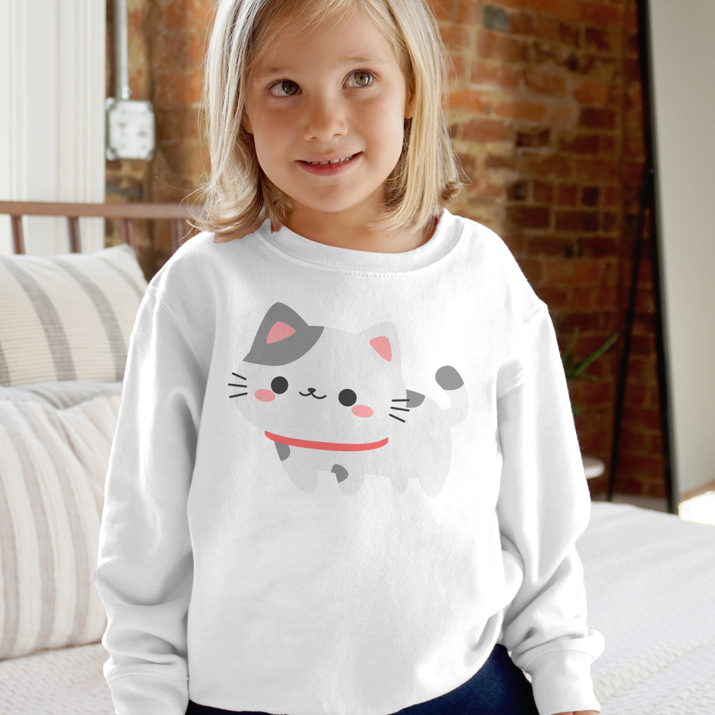 Kids White Cat Sweatshirt – Cute Gray and Pink Kitty Fleece Pullover for Girls