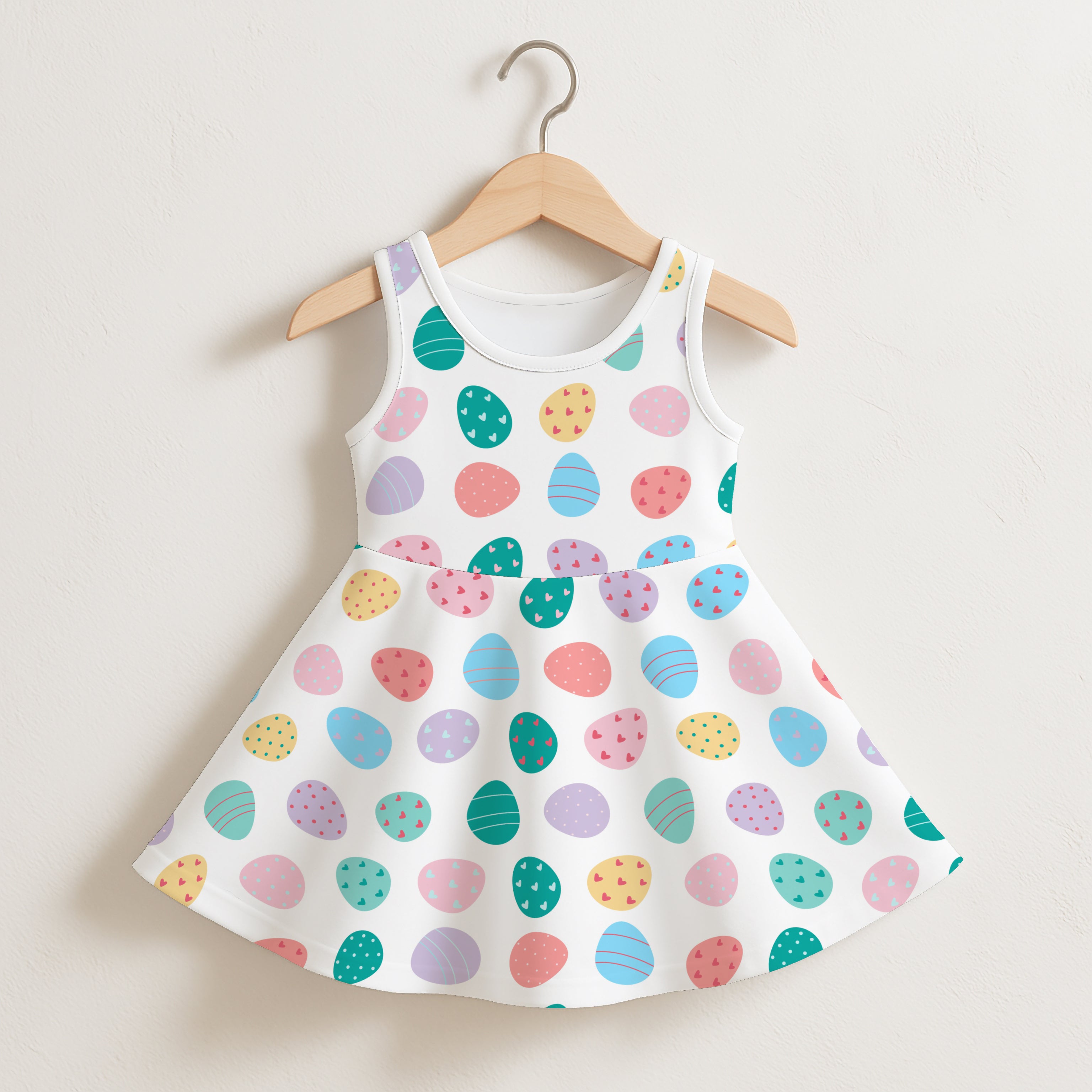 A white sleeveless girls dress with a flared skirt featuring colorful pastel Easter egg patterns in pink blue green yellow and purple