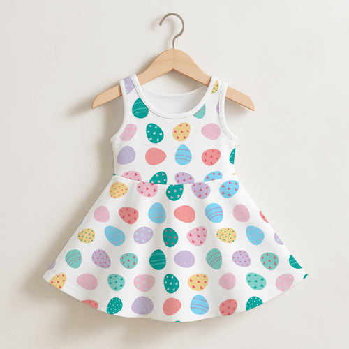 A white sleeveless girls dress with a flared skirt featuring colorful pastel Easter egg patterns in pink blue green yellow and purple