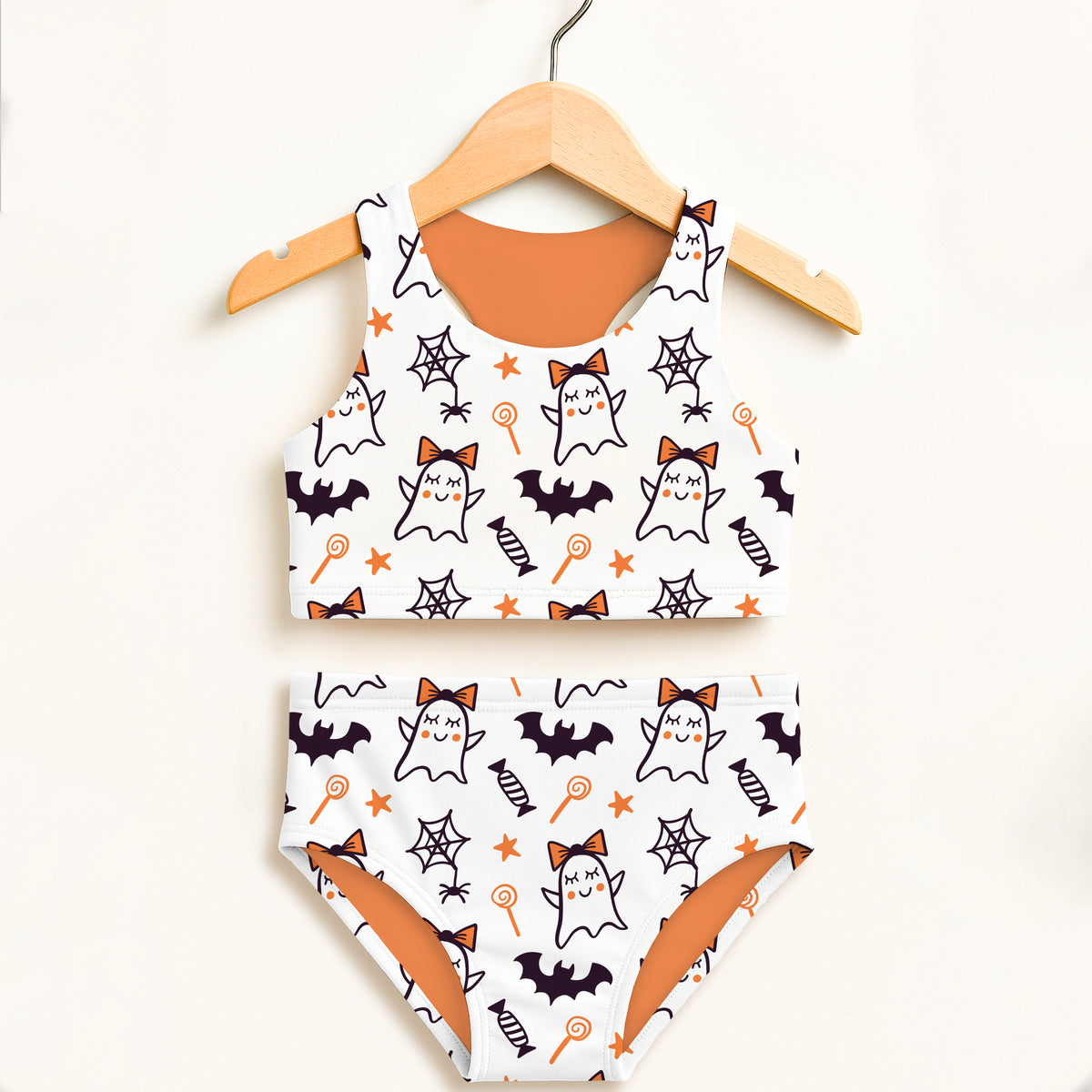 Girls Halloween Ghosts With Bows Two Piece Swimsuit – Double Layered UPF 50+ High Waisted Comfort