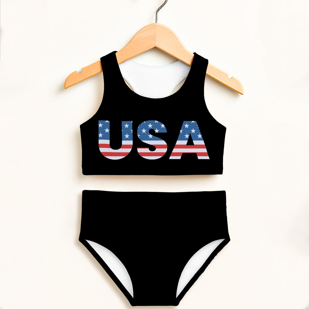 Black girls usa two piece swimsuit with usa flag print chest white side trim double layered upf 50+ high waisted comfort