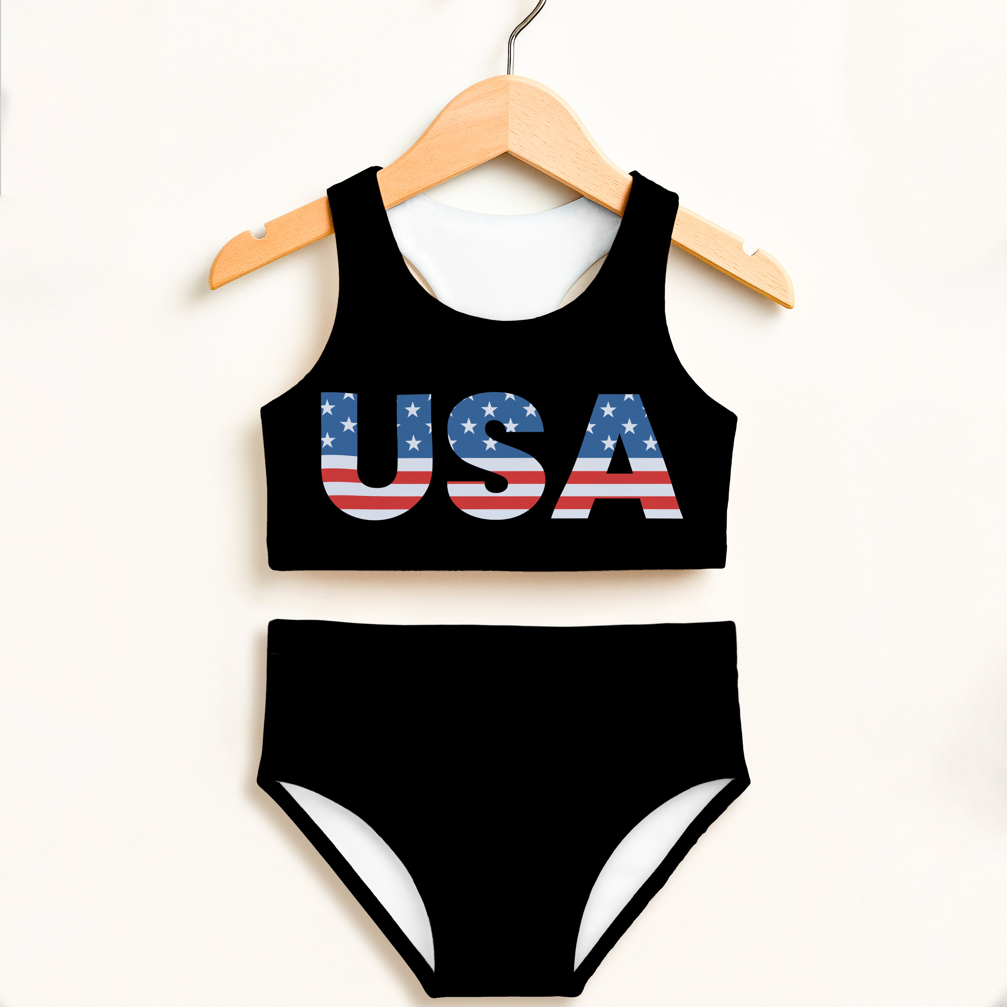 Black girls usa two piece swimsuit with usa flag print chest white side trim double layered upf 50+ high waisted comfort