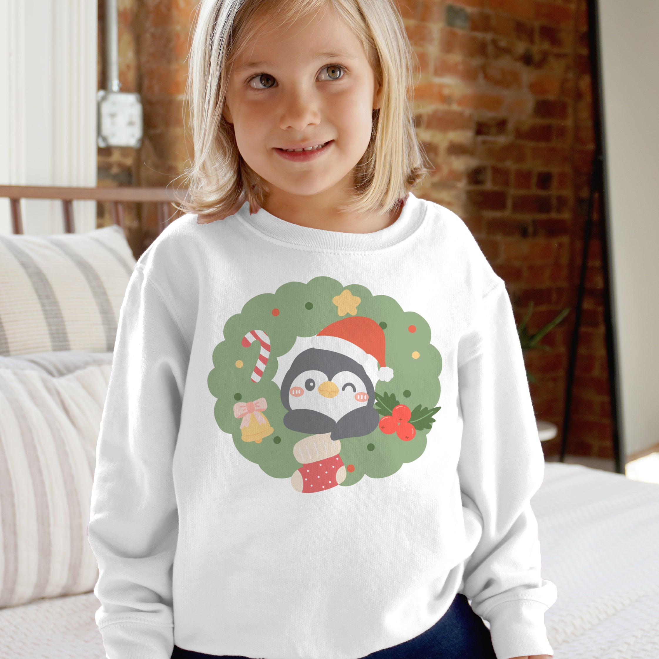 White long-sleeved kids christmas sweatshirt with festive cartoon penguin in santa hat and holly wreath design
