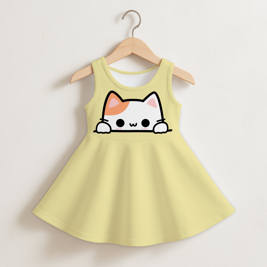 Girls peeking cat sleeveless dress in pale yellow with soft fabric and cartoon cat design in simple black outlines