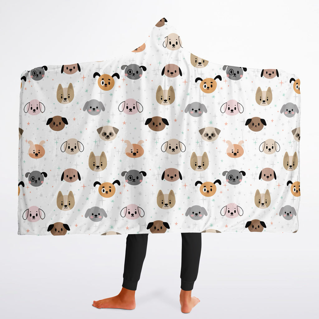 Kids dog hooded wearable blanket in cozy white with cartoon dog patterns in brown gray and pink shades