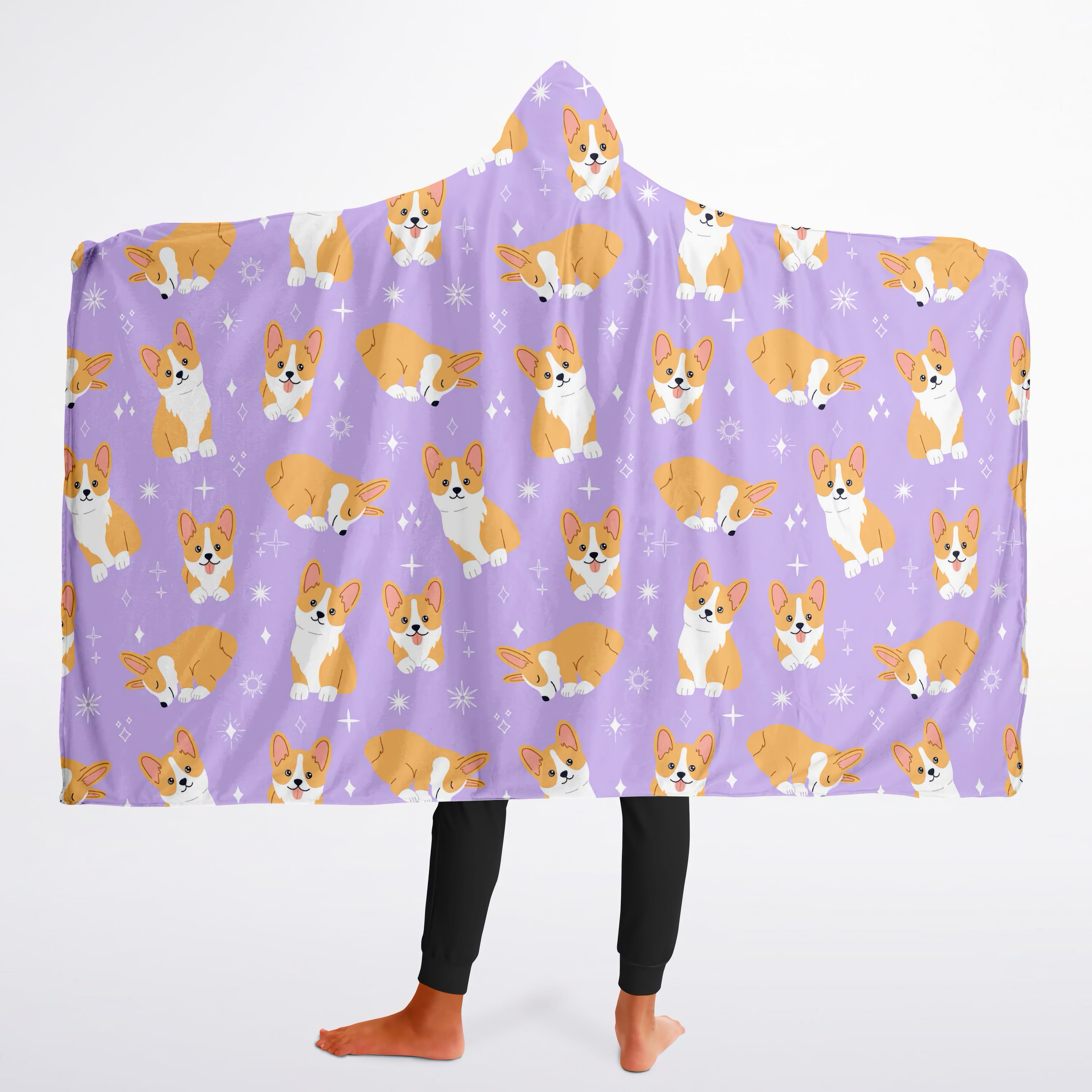 Girls Purple Corgi Dog Hooded Wearable Blanket