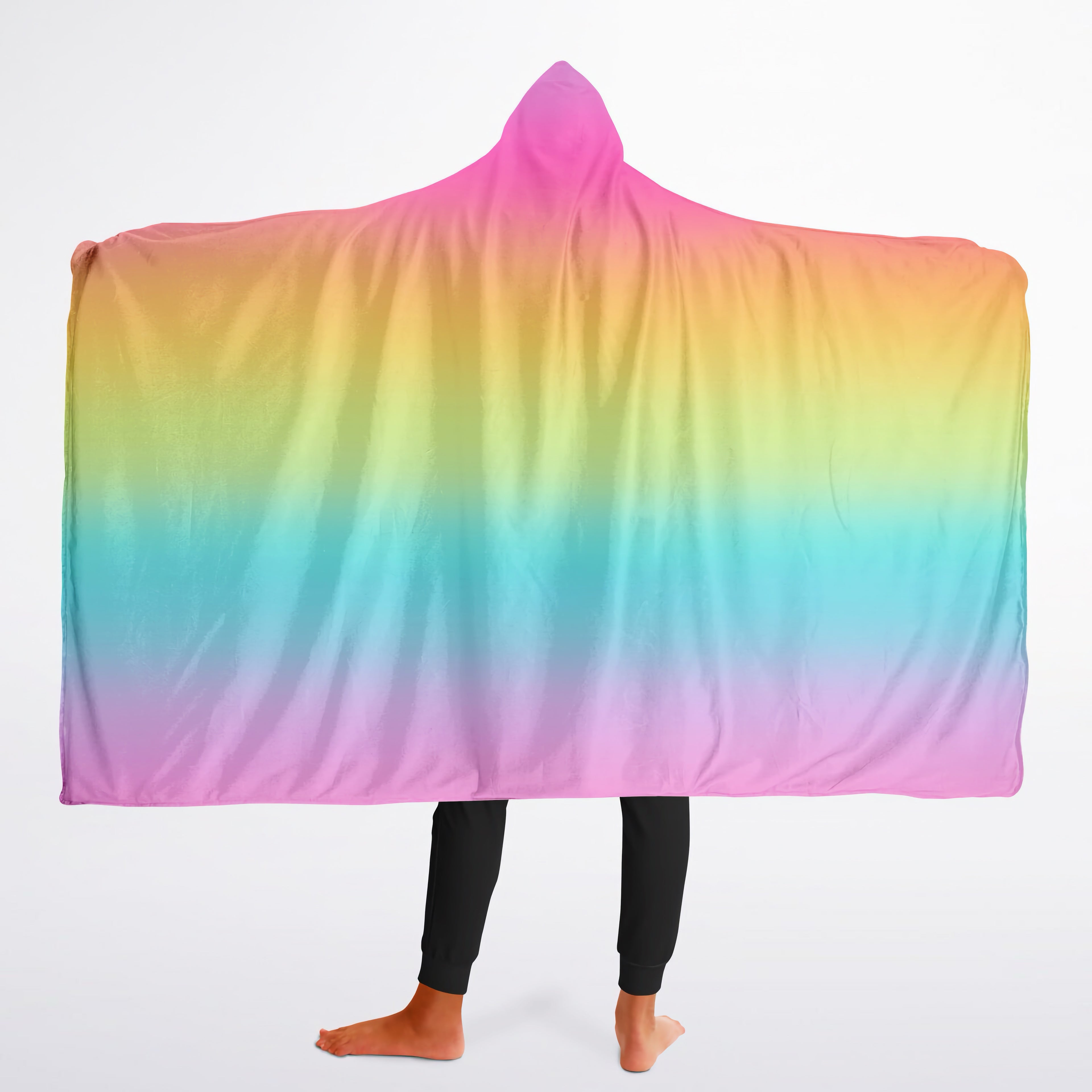 Girls bright rainbow hooded wearable blanket with soft smooth fabric and gentle pink to purple color gradient