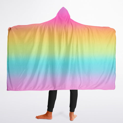 Girls bright rainbow hooded wearable blanket with soft smooth fabric and gentle pink to purple color gradient