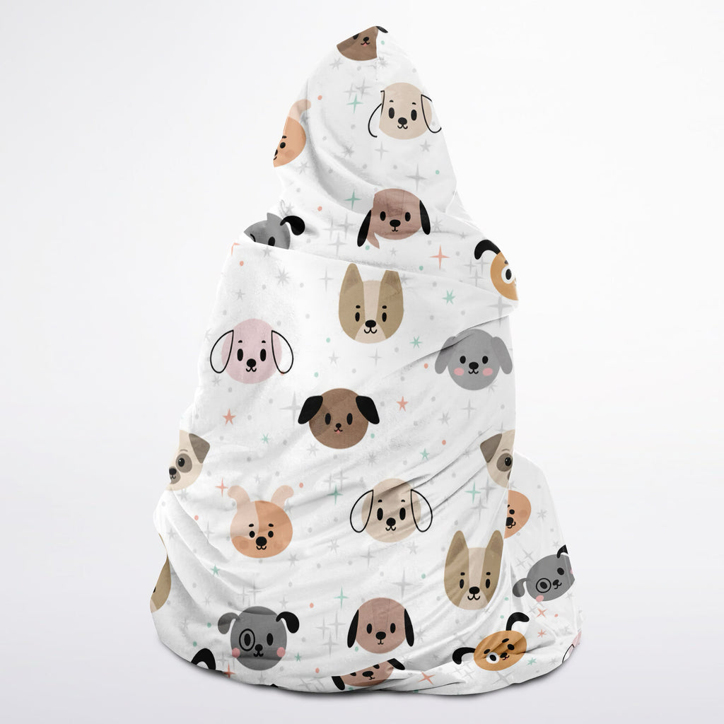Kids dog hooded wearable blanket in white with colorful cartoon dog pattern and small star accents for children