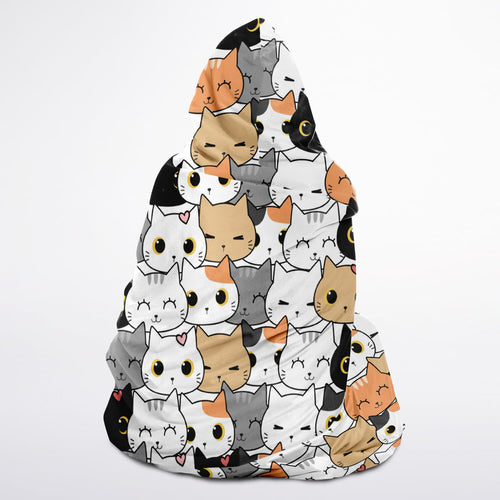 A cozy girls cat hooded wearable blanket with a playful pattern of white gray orange and black cartoon cats