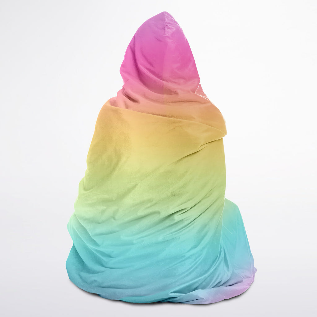 Girls bright rainbow hooded wearable blanket with soft smooth flowing gradient from pink to blue